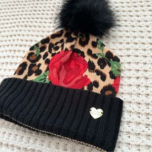 NWOT Betsey Johnson Leopard Beanie with Red Rose and Black Pom, Maximalist Punk